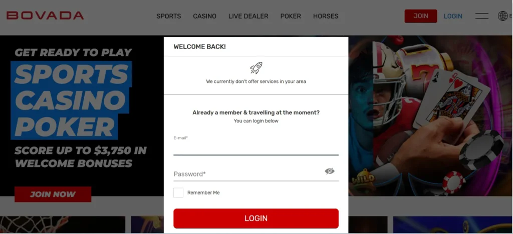 Bovada login page with fields for entering email and password to access poker, sports betting, and casino games